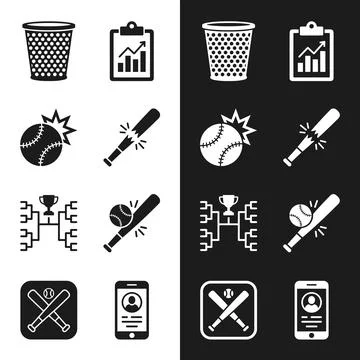 Baseball icons set including broken bat, trophy bracket, trash can, graph c.. 스톡 일러스트