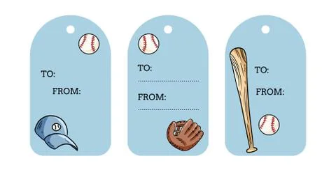 Baseball objects gift tags. Ball, bat, hat and catchig glove doodles labels. Stock Illustration