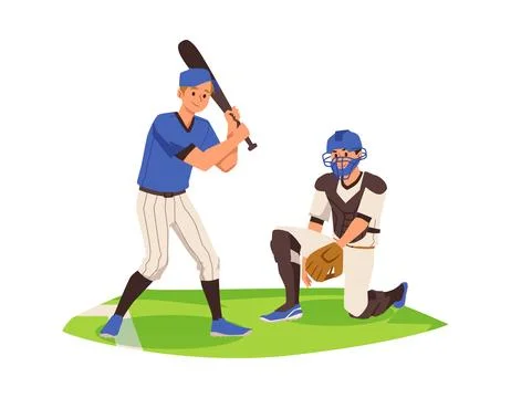 Baseball or softball game players try to get ball hits, flat vector isolated. Stock Illustration