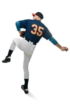 Baseball pitcher in action on white background Stock Photos