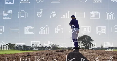 Baseball pitcher standing on mound, with animated finance charts and coin icons Stock Footage 307442580