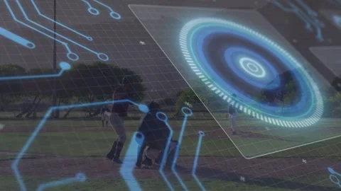 Baseball pitcher starting wind-up to deliver pitch, batter bracing home plate Stock Footage 333019458