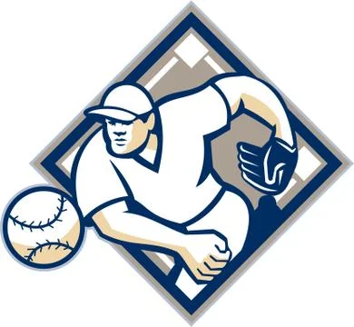 Baseball pitcher throwing ball diamond Stock Illustration