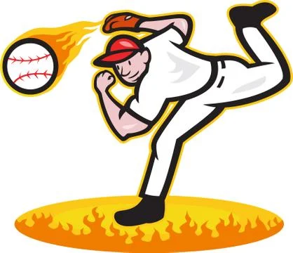 Baseball pitcher throwing ball on fire Stock Illustration