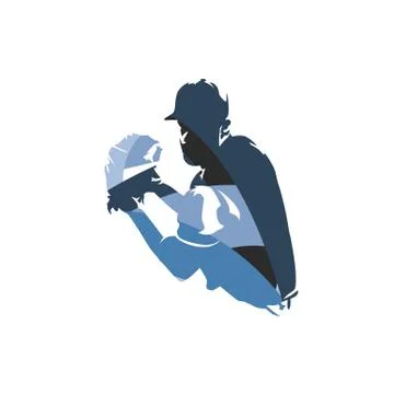 Baseball pitcher throwing ball, isolated abstract blue vector silhouette Stock Illustration