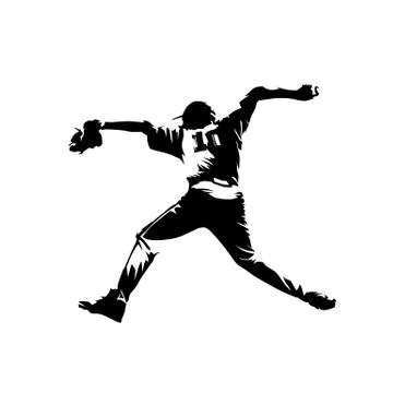 Baseball pitcher throwing ball, isolated vector silhouette, comic drawing. Ba Stock Illustration
