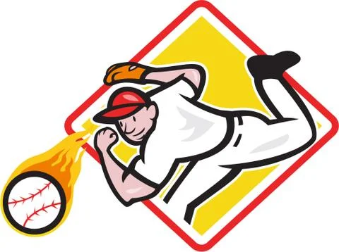 Baseball pitcher throwing fire ball diamond Stock Illustration