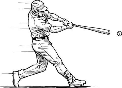Baseball player in action swinging a bat at a ball, presented in a dynamic bl Stock Illustration