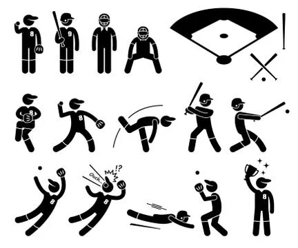 Baseball Player Actions Poses Stick Figure Pictogram Icons Stock Illustration