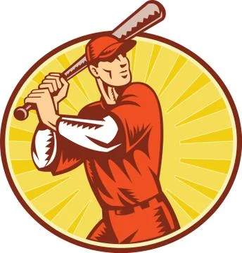Baseball player with bat batting retro style Stock Illustration