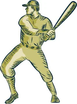 Baseball Player Batter Batting Bat Etching Stock Illustration
