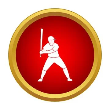 Baseball player batter hitting icon in red gold circle Stock Illustration