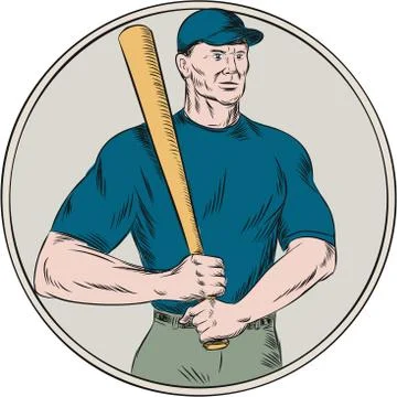 Baseball Player Batter Holding Bat Etching Stock Illustration