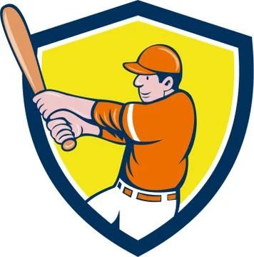 Baseball Player Batter Swinging Bat Crest Cartoon Stock Illustration