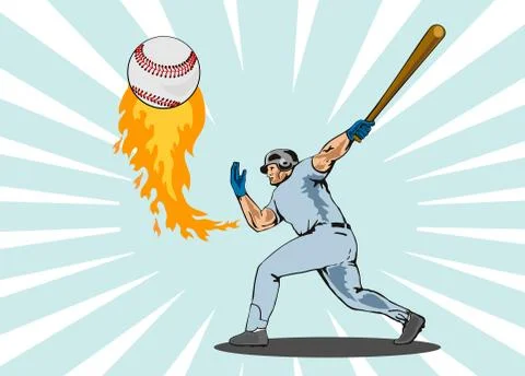 Baseball player batting ball flames. Stock Illustration