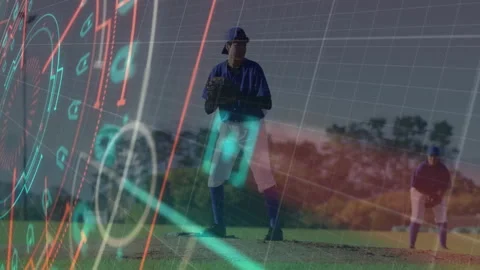 Baseball player on field with data analysis animation overlaid Stock Footage 305815659