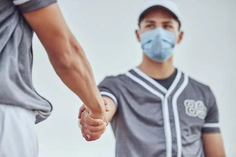 Baseball player, hands and together for covid with mask, respect or game for win Stock Photos