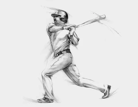 Baseball Player hit the ball, hand drawn graphic Stock Illustration