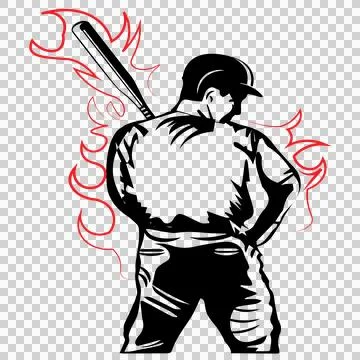 Baseball Player Holding Bat With Stylized Flames helmet Stock Illustration