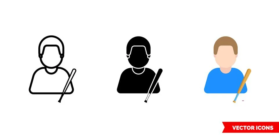 Baseball player icon of 3 types color, black and white, outline. Isolated vec Stock Illustration
