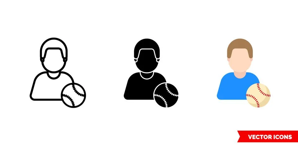 Baseball player icon of 3 types color, black and white, outline. Isolated vec Stock Illustration