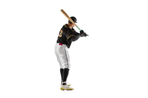 Baseball player, pitcher in a black white sports uniform practicing isolated on Stock Photos