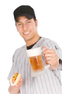 Baseball: Player Ready To Have Hot Dog And Beer For Snack Stock Photos