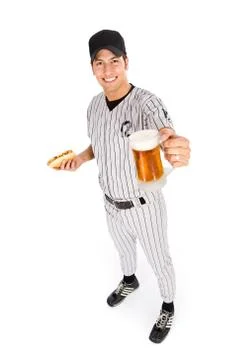Baseball: Player Ready To Have Hot Dog And Beer For Snack Stock Photos