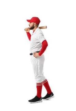 Baseball player in red and white uniform holding bat over shoulder, side view Stock Photos