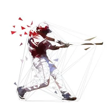 Baseball player in red jersey swinging with bat, isolated polygonal vector il Stock Illustration