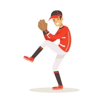 Baseball player in a red uniform pitching vector Illustration Illustrazione stock