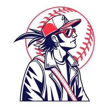 Baseball player with sunglasses and jacket in front of baseball Stockillustratie