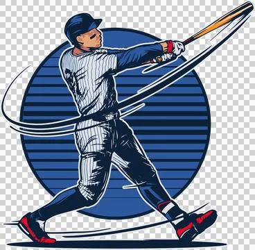 Baseball player is swinging bat in flat design with helmet, blue striped circle, Stock Illustration