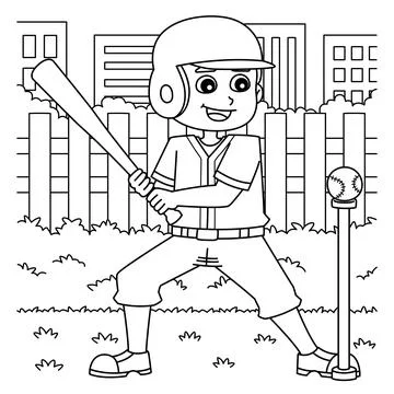 Baseball Player Training Coloring Page for Kids Stock Illustration