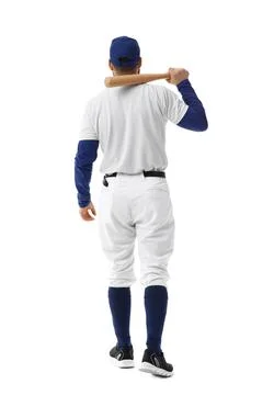 Baseball player walking away with bat on shoulder, back view, isolated on whi Stock Photos