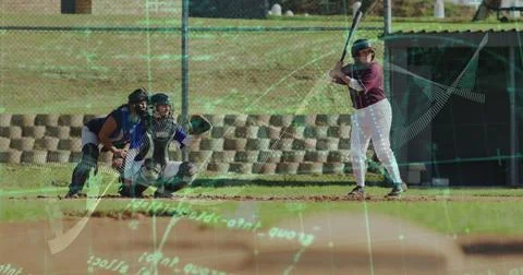 Baseball players in action with data processing image over scene Stockfoto's