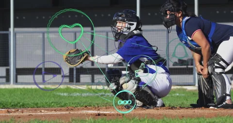 Baseball players in action with digital animation overlay of icons and lines Stock Footage 305827795