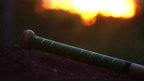 A baseball player's hand is picking up a baseball bat for training Stock Footage 132051838