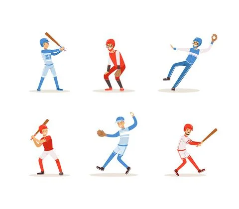 Baseball Players Set, Cheerful Softball Athletes Characters in Uniform In Stock Illustration