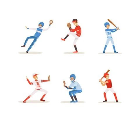 Baseball Players Set, Cheerful Softball Athletes Characters in Red and Blue Stock Illustration
