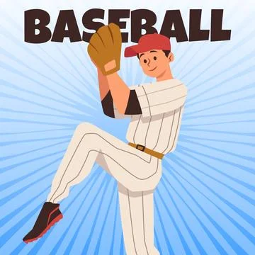 Baseball poster or card with pitcher throwing a ball, flat vector illustration. Stock Illustration