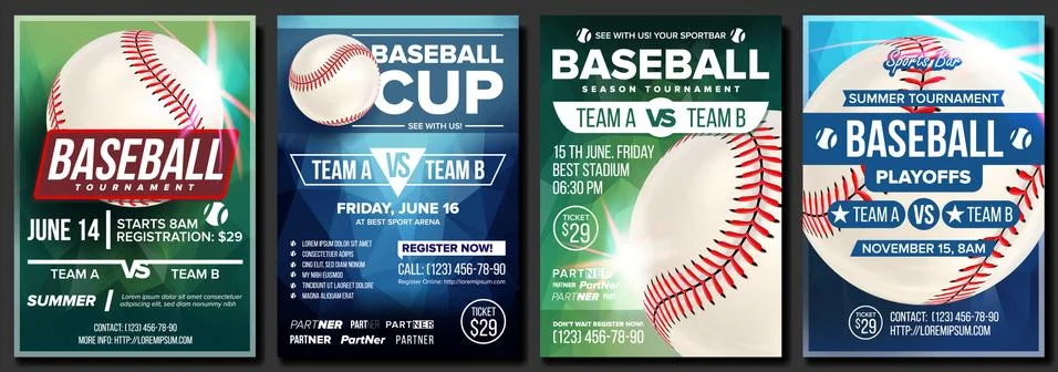 Baseball Poster Set Vector. Design For Sport Bar Promotion. Base. Baseball Ball Stock Illustration