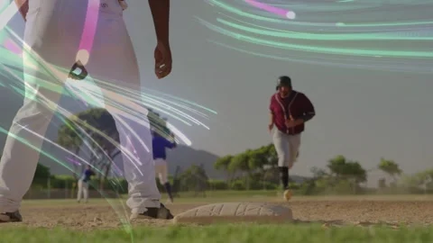 Baseball runner sprinting on hit, kicking dust, trying to reach base, overlay Stock Footage 333859236