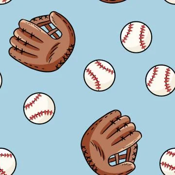 Baseball seamless pattern. Cute doodle hand drawn balls and gloves on blue ba Stock Illustration