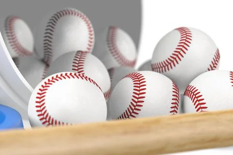 Baseball Set (Bat, Opened Bucket with Balls) Stock Photos