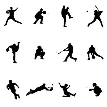 Baseball Set Of Twelve Black Vector Silhouette Illustrations Stock Illustration