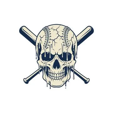 Baseball skull vector illustration with crossed bats Grungy melting head Stock Illustration