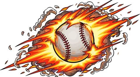 A baseball is soaring amidst bright orange flames and billowing gray smoke, c Stock Illustration