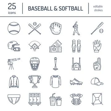 Baseball, softball sport game vector line icons. Ball, bat, field, helmet Illustrazione stock