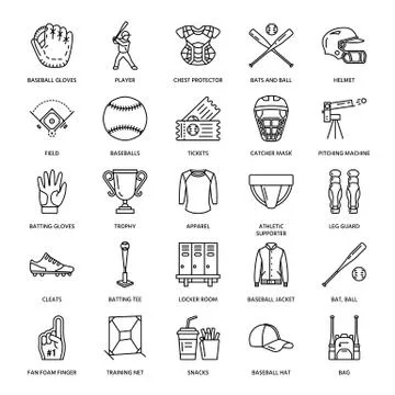 Baseball, softball sport game vector line icons. Ball, bat, field, helmet Illustrazione stock